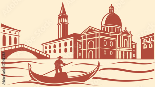 Venice illustration : A traditional Gondola glides gracefully through the iconic Venetian canals. The serene waters reflect the city's historic architecture.