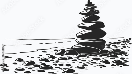 Serene Stone Cairn by the Shore: A meticulously balanced stone cairn stands as a testament to human ingenuity and the zen-like beauty of nature, inviting contemplation and tranquility.