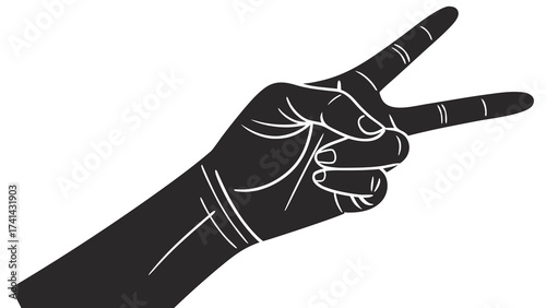 Hand Gesturing Victory: A simple yet powerful black and white illustration of a hand gesture forming the V sign, signifying victory, peace, or the number two.