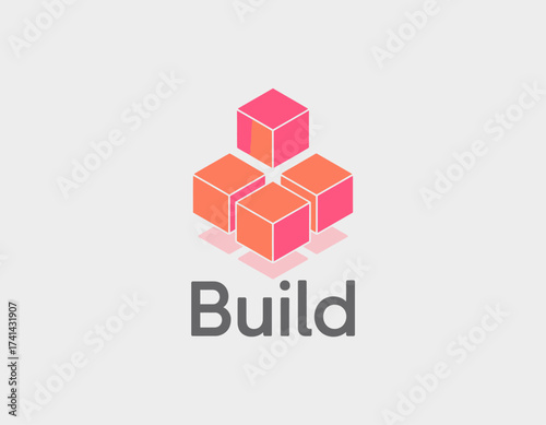 This logo design utilizes stacked colorful cubes and represents a construction or building company focused on modern architecture and innovative ideas in design.