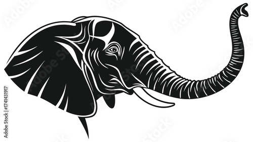 Majestic Elephant Illustration: A striking illustration of an elephant's head, rendered in bold black lines, showcasing the animal's strength and intricate features.