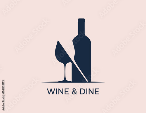 This artistic rendering highlights a wine bottle next to a wine glass, creating a chic and sophisticated symbolism of fine dining and social gatherings.