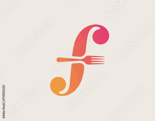 This creative letter 'F' cleverly integrates a fork, making it ideal for restaurants or food-related businesses, successfully combining typography and culinary arts.