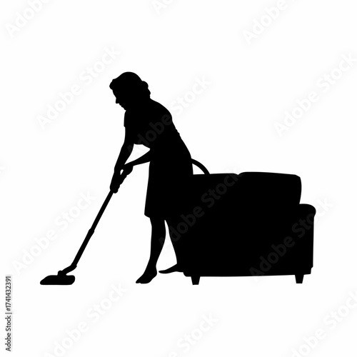 Silhouette of a woman vacuuming a sofa at home isolated on white background