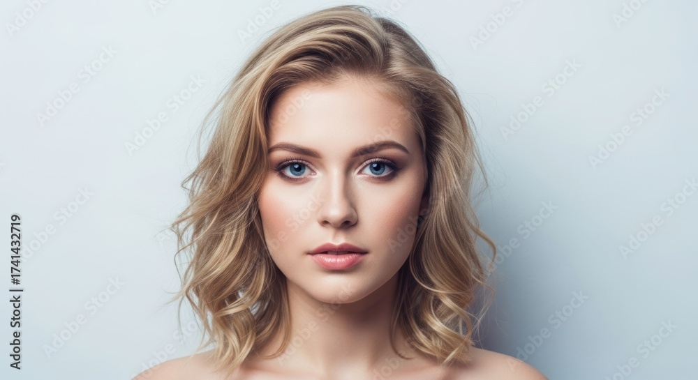 Naklejka premium Blonde woman with blue eyes and wavy hair image
