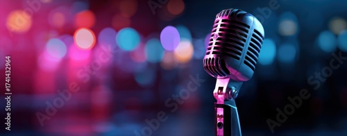 The microphone on a vintage stand with colorful bokeh lights behind it