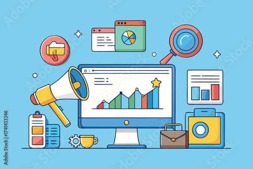 Digital Marketing Concept Flat Illustration Optimizing SEO Content Strategy Social Media Campaign for Business Growth and Online Presence on Blue Background