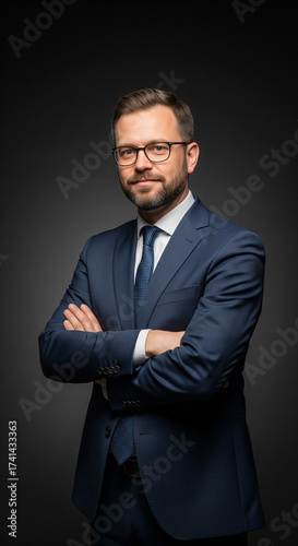 Confident Businessman in Suit with Glasses