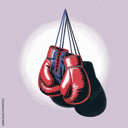 A vibrant illustration of boxing gloves hanging in a striking manner, representing strength, sport, and competition, beautifully crafted in an artistic style.