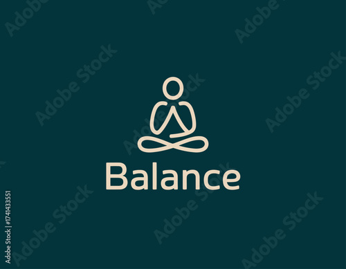 A clean and minimalist logo representing balance through a figure in a meditative pose, conveying a sense of peace and mindfulness, suitable for wellness and self-care themes.