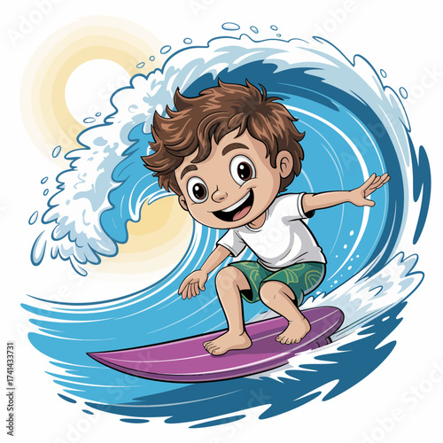 This image captures a young boy joyfully surfing a large wave, showcasing the spirit of summer adventures, excitement, and the thrill associated with water sports.