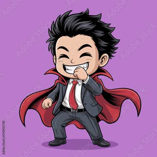 A cheerful boy dressed in a suit and cape poses playfully, embodying the spirit of a hero. His bright smile and confident stance spark imagination and childlike wonder.