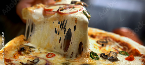 Obraz  z motywem Person is carefully pulling a hot, steaming pizza slice with rich, melted mozzarella cheese stretching generously, emphasizing the delicious texture and fresh preparation