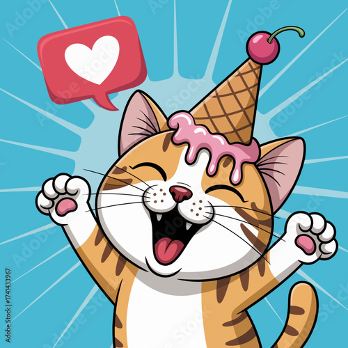 A lively illustration of a cheerful cat with an ice cream cone, expressing pure joy and excitement, perfect for playful themes and animal lovers looking for vibrant artwork.