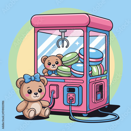 This playful image depicts a claw machine loaded with soft teddy bears and colorful macarons, showcasing the whimsical charm and fun of arcade games and sweet treats.