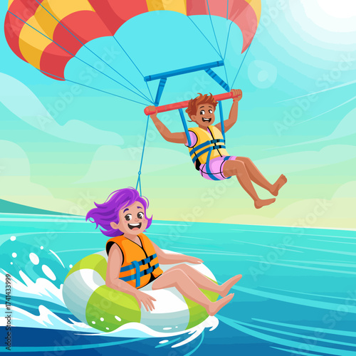 In this exciting image, two friends are parasailing above a stunning ocean, capturing the thrill and adventure of summer activities with big smiles on their faces.