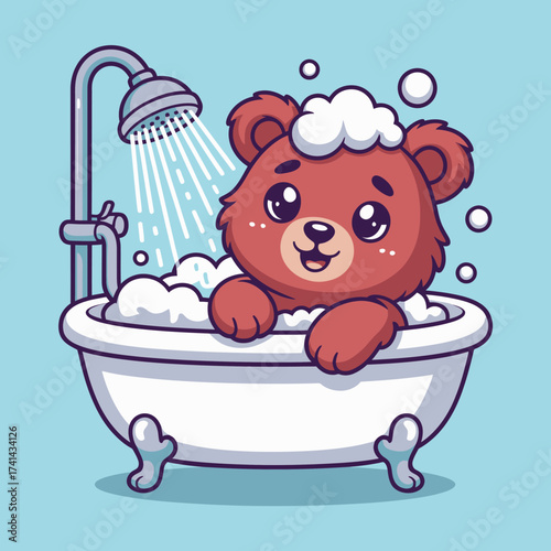 An endearing bear splashes around in a cozy bathtub filled with bubbles, conveying warmth, comfort, and the joys of relaxation in a whimsical and playful setting.