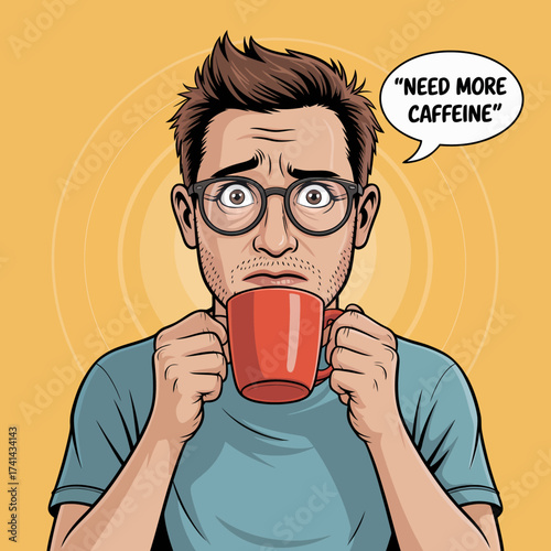 A young man with glasses holding a red mug, looking slightly anxious, reflecting the common daily struggle and reliance on caffeine to boost energy and focus.