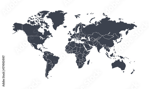 Minimal Flat World Map Vector illustration, Dark and Gray on White, world map design, easily editable and scalable.