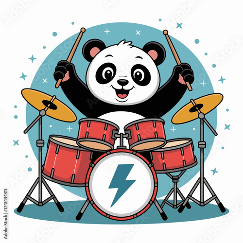 A joyful panda enthusiastically plays the drums, embodying energy and fun in a lively musical setting, ideal for children's themes and animal lovers' artworks.