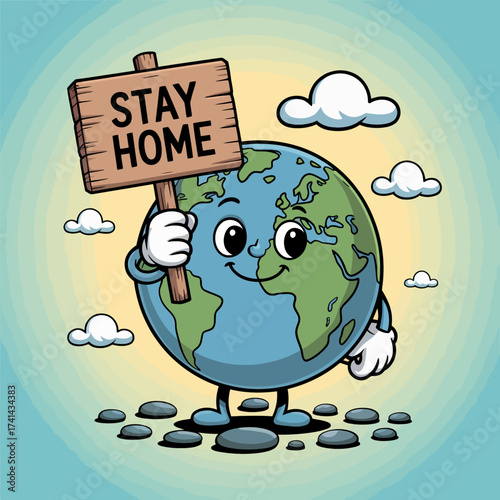A smiling cartoon globe is comfortably holding a sign that reads 'Stay Home', symbolizing global unity and the importance of staying safe during challenging times.
