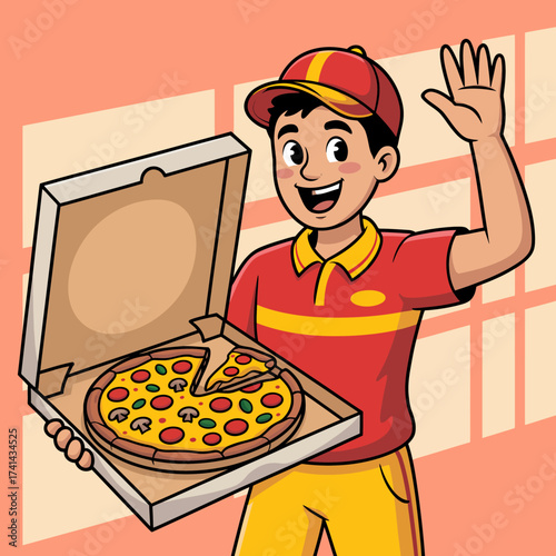 A cheerful pizza delivery boy waving with a pizza box in hand, ready to deliver a hot meal, showcasing service, excitement, and the joy of food deliveries in a friendly manner.