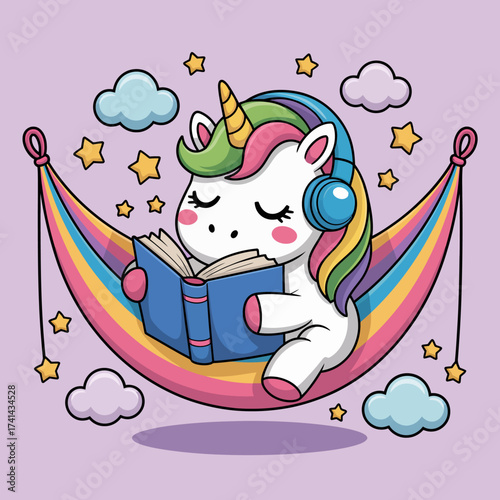This whimsical illustration features a cute unicorn in headphones reading a book, representing imagination and the joy of reading, great for children's products and literature.