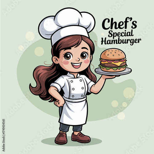 This fun illustration shows a young chef proudly presenting a gourmet hamburger, embodying creativity, culinary passion, and the love of cooking in a dynamic way.