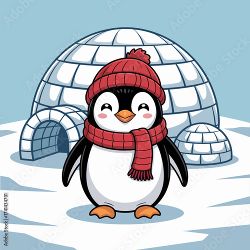 A charming penguin wearing a red scarf and hat stands proudly in front of igloos, showcasing a playful winter theme and adorable wildlife.