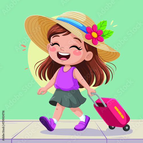 A cheerful young girl wearing a sunhat happily pulls along her bright suitcase while walking, symbolizing adventure, travel, and curiosity in a vibrant summer setting.