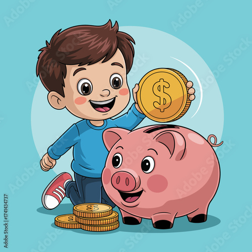 A cheerful child placing a gold coin in a pink piggy bank, representing savings and financial literacy for children in a fun and engaging way.
