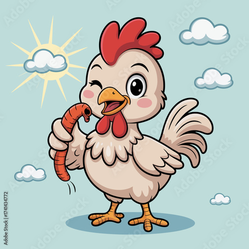 A charming cartoon chicken playfully winking while holding a worm, set against a sunny sky, portraying humor and simplicity in nature's interactions.