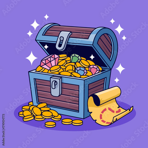 An eye-catching treasure chest brimming with sparkling gems and gold coins, accompanied by a treasure map, symbolizing adventure, excitement, and the thrill of discovery for dreamers.