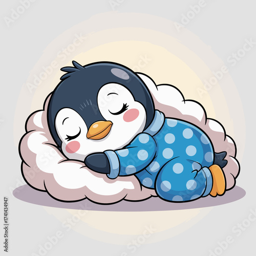 This adorable penguin cuddles up in cozy pajamas while sleeping on a fluffy cloud, representing comfort and sweetness in a whimsical dreamlike setting.