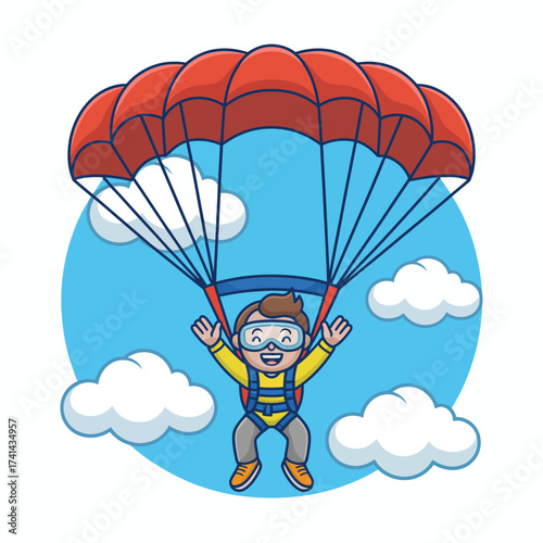 A young boy parachuting joyfully from the sky with a wide smile under a red parachute surrounded by fluffy clouds expresses childhood thrill and the spirit of adventure.