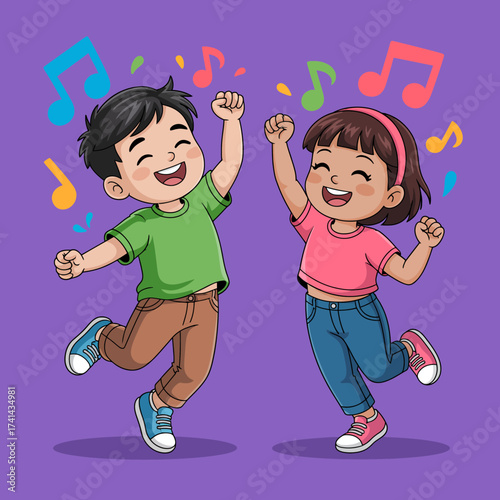 This vibrant illustration captures the joy of children dancing, celebrating music and friendship with colorful notes creating an energetic and lively atmosphere.
