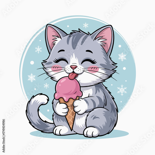 A charming illustration of a fluffy gray cat joyfully licking an ice cream cone against a snowy backdrop, ideal for conveying fun and happiness in winter time.
