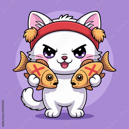 This dynamic illustration showcases a fierce-looking cat proudly holding two fish, embodying a playful yet mischievous spirit, ideal for quirky cat enthusiasts and art lovers.