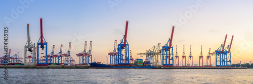 Container cranes operate at dusk in Hamburg's bustling terminal port