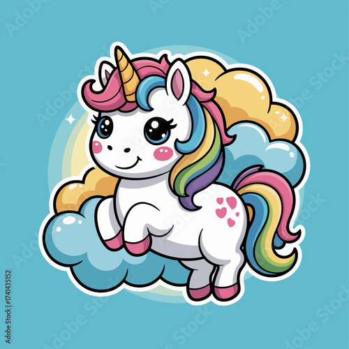 This playful unicorn features a vibrant mane and joyful expression, surrounded by fluffy clouds, evoking a sense of magic and wonder in a whimsical setting.