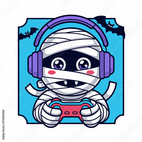 This playful mummy character, dressed in bandages and gaming headphones, is absorbed in video games, illustrating a fun, humorous fusion of Halloween and gaming culture.
