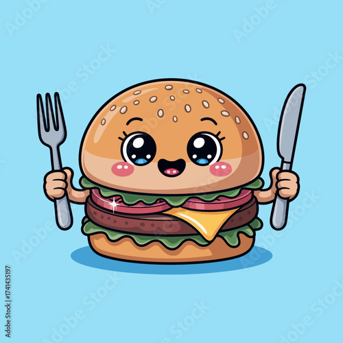 This cheerful burger character, cheerfully holding a fork and knife, radiates culinary joy, celebrating food and fun in an appealing, cartoonish style.
