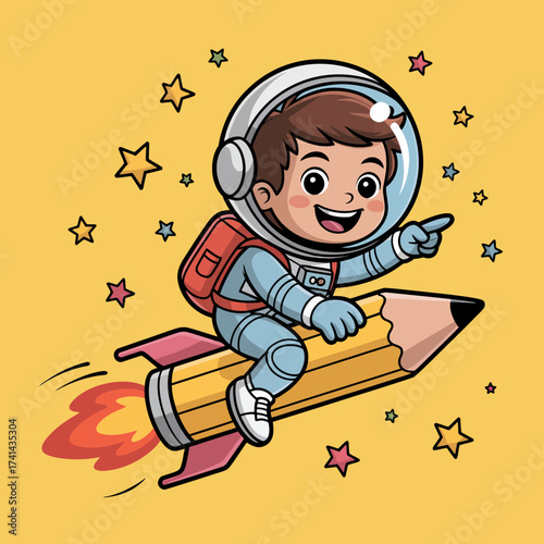 This lively illustration depicts a young boy astronaut joyfully riding a giant pencil rocket, embracing the adventure of space exploration and the power of creativity.