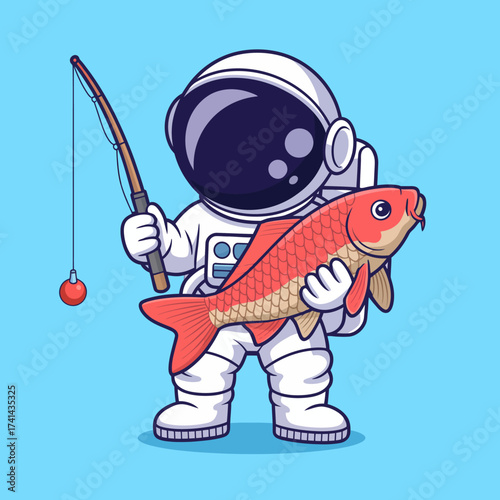 An adorable astronaut holds a large, colorful fish while fishing in space, capturing the whimsical essence of adventure and exploration beyond our planet's atmosphere.