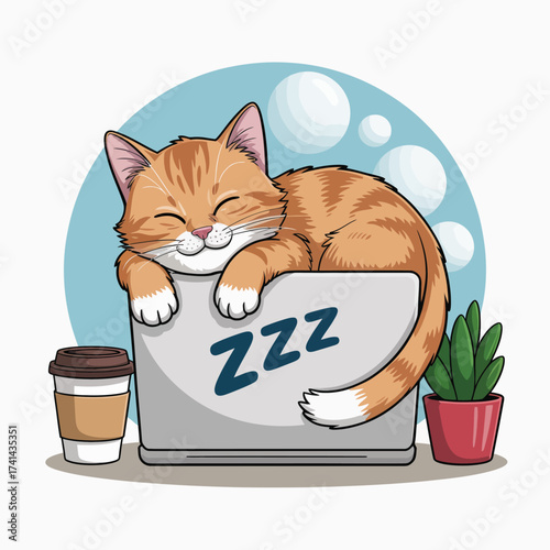 A cute orange tabby cat peacefully sleeping on a laptop, surrounded by a coffee cup and a green potted plant, evoking a warm and cozy atmosphere for cat lovers.