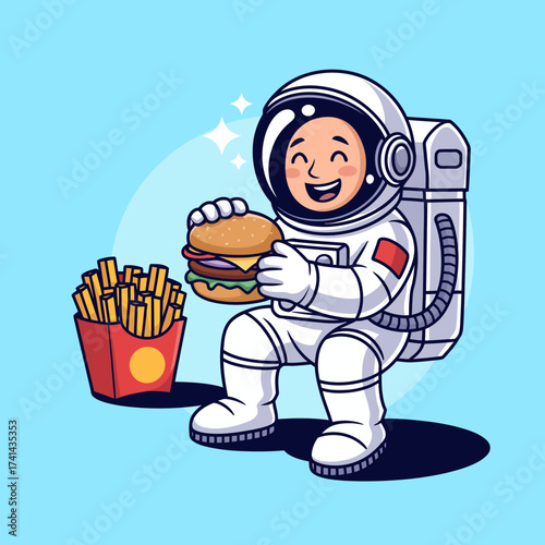 A cheerful astronaut sits comfortably in a futuristic space setting, indulging in a hamburger with fries, blending the excitement of space exploration with the joy of tasty treats!