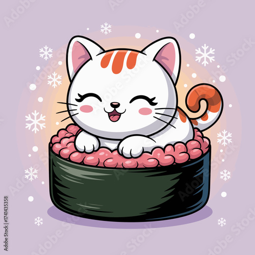 An endearing white cat with orange markings lounging atop a sushi roll, set against a backdrop of gentle snowflakes, evoking a fun fusion of food and pets.