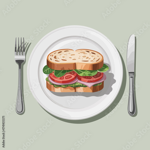 A delicious sandwich stacked high with fresh lettuce, tomatoes, and ham, served on a plate alongside a fork and knife, representing a healthy meal option for lunch.