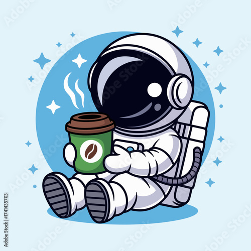 This charming illustration features an astronaut sitting in space with a cup of coffee, providing a humorous take on daily life in space while highlighting the comforts of home among the stars.