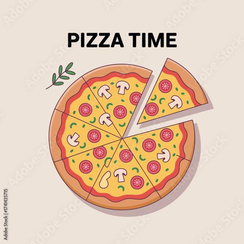 A mouthwatering pizza, topped with pepperoni, mushrooms, and greens, showcases a slice taken out, inviting viewers to indulge in its appetizing flavors and vibrant colors.